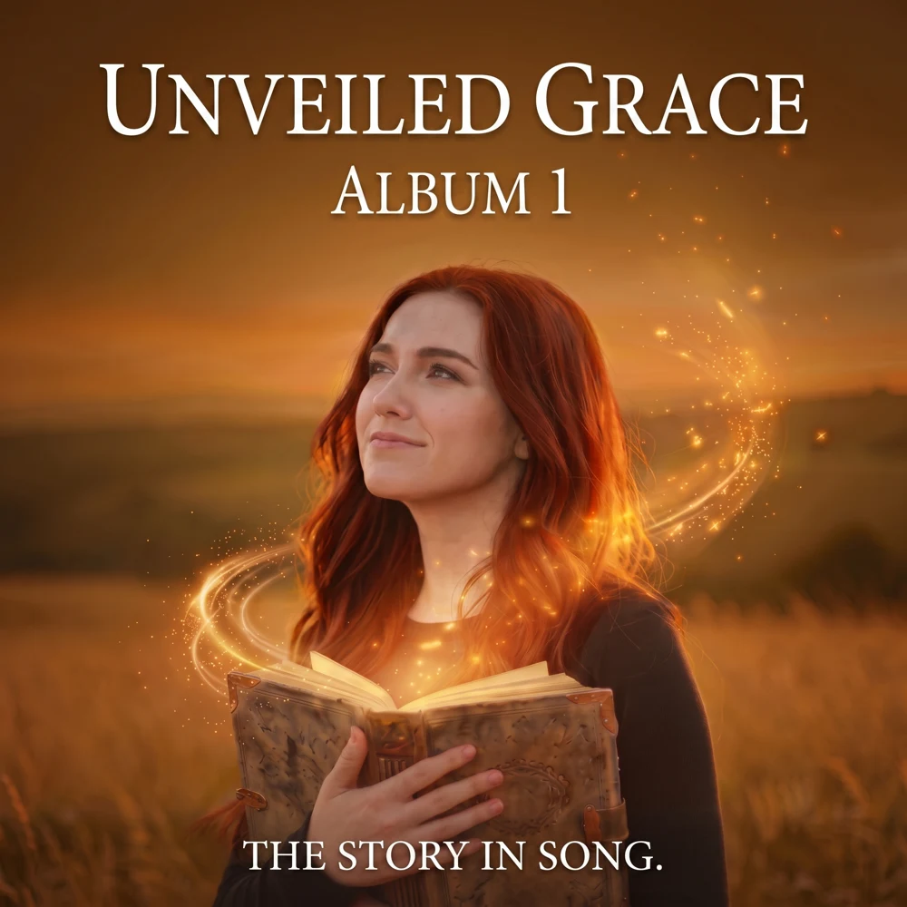Album 1 cover, Unveiled Grace: a woman with long red hair looks up hopefully while holding an open book that glows with golden light, in a sunlit field at dusk. Tagline: the story in song.
