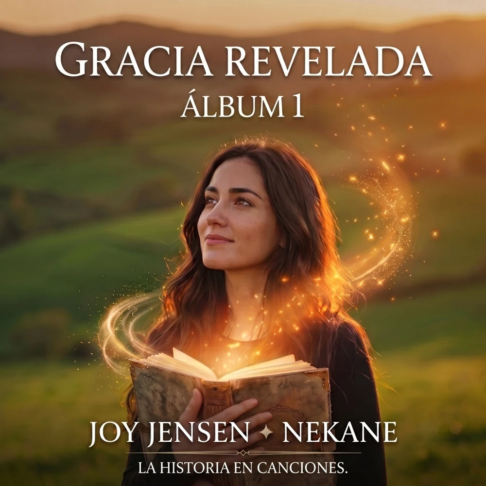 Portada del Álbum 1, Gracia revelada: una mujer de cabello largo y oscuro mira hacia arriba con esperanza mientras sostiene un libro abierto que brilla con luz dorada, entre colinas verdes al atardecer. Joy Jensen y Nekane. La historia en canciones.