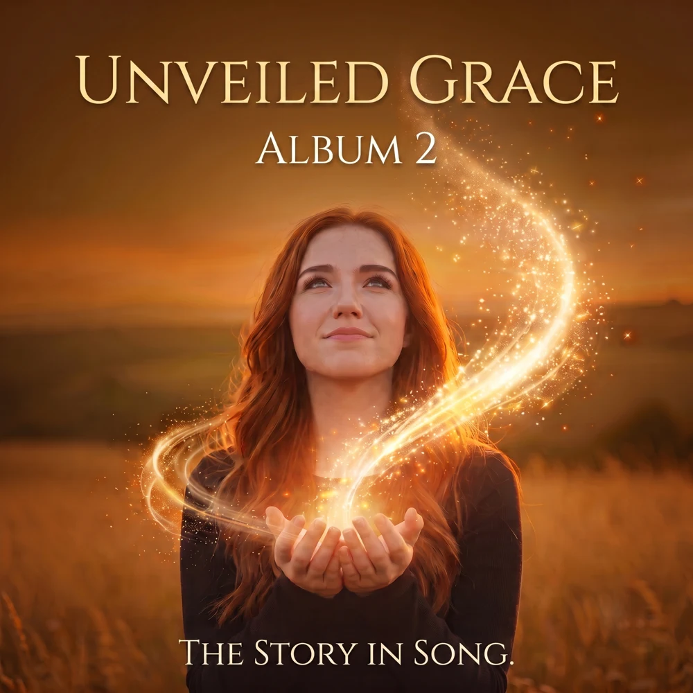 Album 2 cover, Unveiled Grace: a woman with long red hair looks upward as a spiral of golden light rises from her cupped hands, in a golden field at dusk. Tagline: The Story in Song.