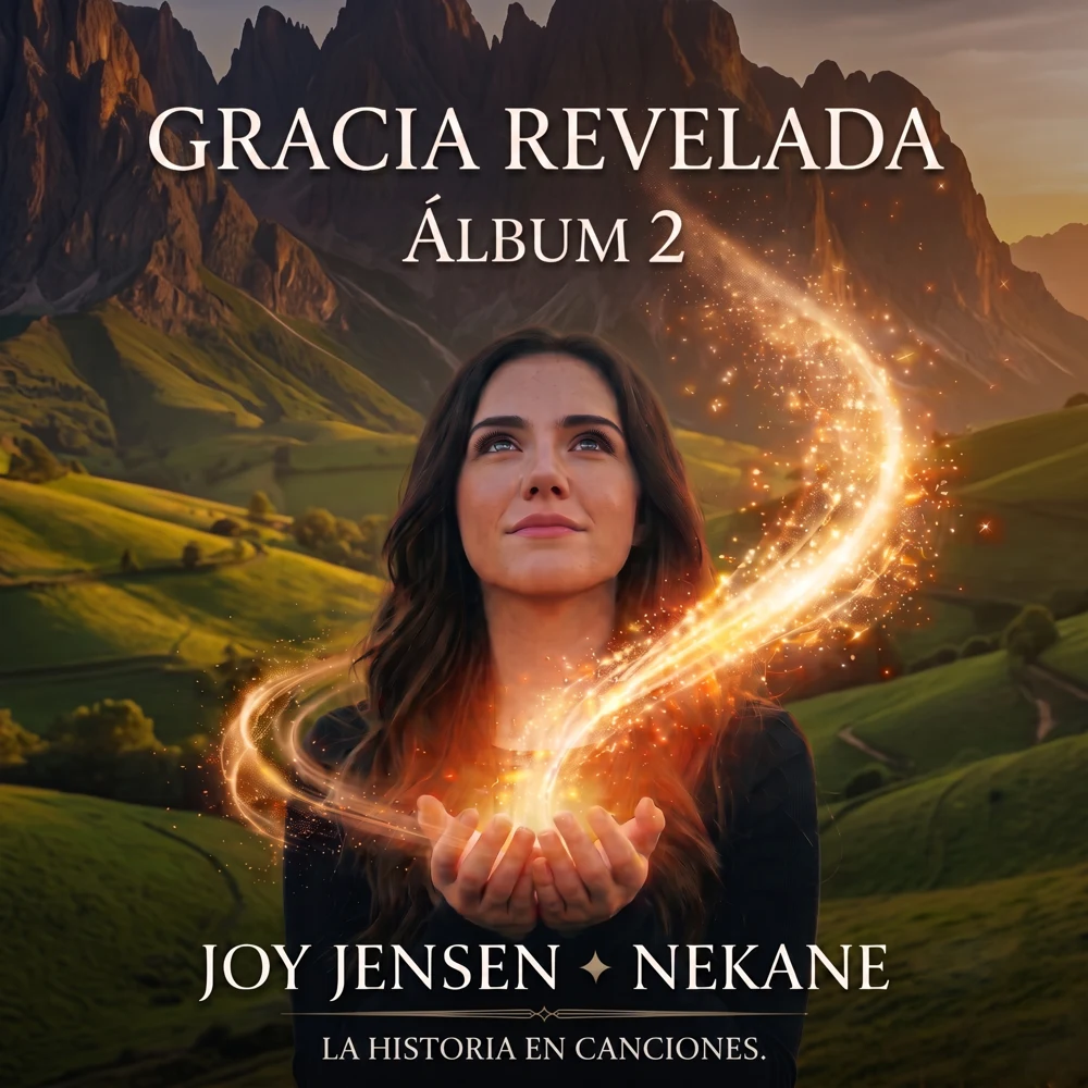 Portada del Álbum 2, Gracia revelada: una mujer de cabello largo y oscuro mira hacia arriba mientras una espiral de luz dorada se eleva desde sus manos, entre montañas y colinas verdes. Joy Jensen y Nekane. La historia en canciones.